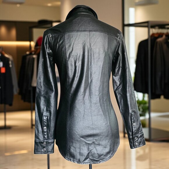 NWOT HARLEY DAVIDSON (XS) Black Faux Leather Snap Up Zip Detail Breast Pkt L/S - Picture 4 of 6